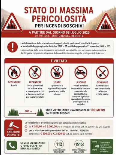Dichiarazione stato di massima pericolosità per gli incendi boschivi su tutto il territorio regionale del Piemonte